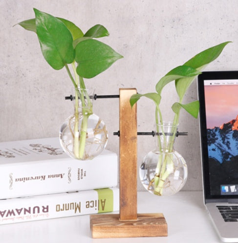 Glass Wood Vase Table Desktop Hydroponics Plant Stationery Bonsai Flower Pot Decoration Hanging Pots with Wooden Tray Pen Holder