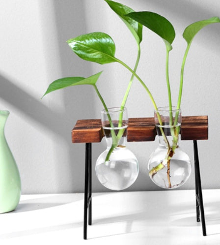 Glass Wood Vase Table Desktop Hydroponics Plant Stationery Bonsai Flower Pot Decoration Hanging Pots with Wooden Tray Pen Holder